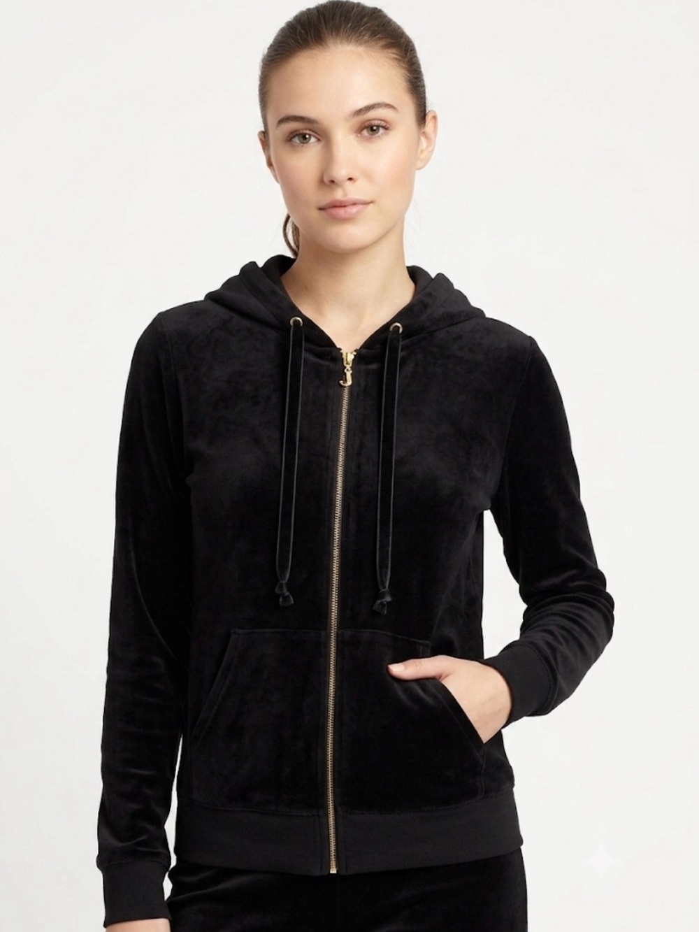 Juicy Couture Black Velvet Zip Hoodie with Gold Trim